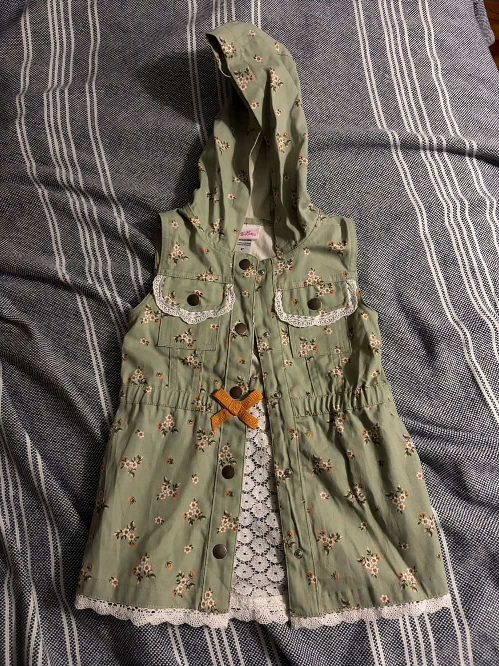 Little Lass Sage Green Floral Hooded Vest with Lace Trim and Bow